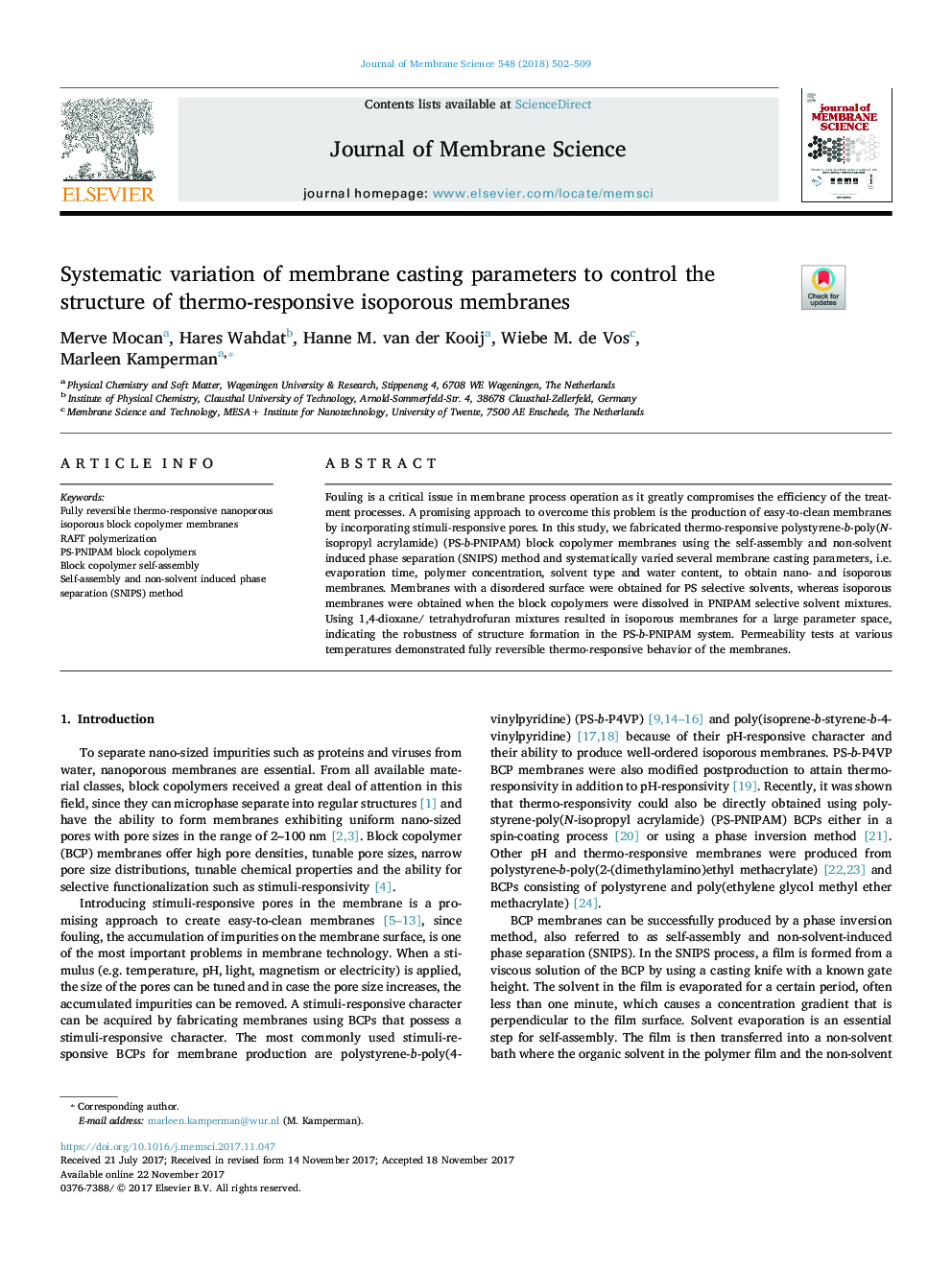 Systematic variation of membrane casting parameters to control the structure of thermo-responsive isoporous membranes