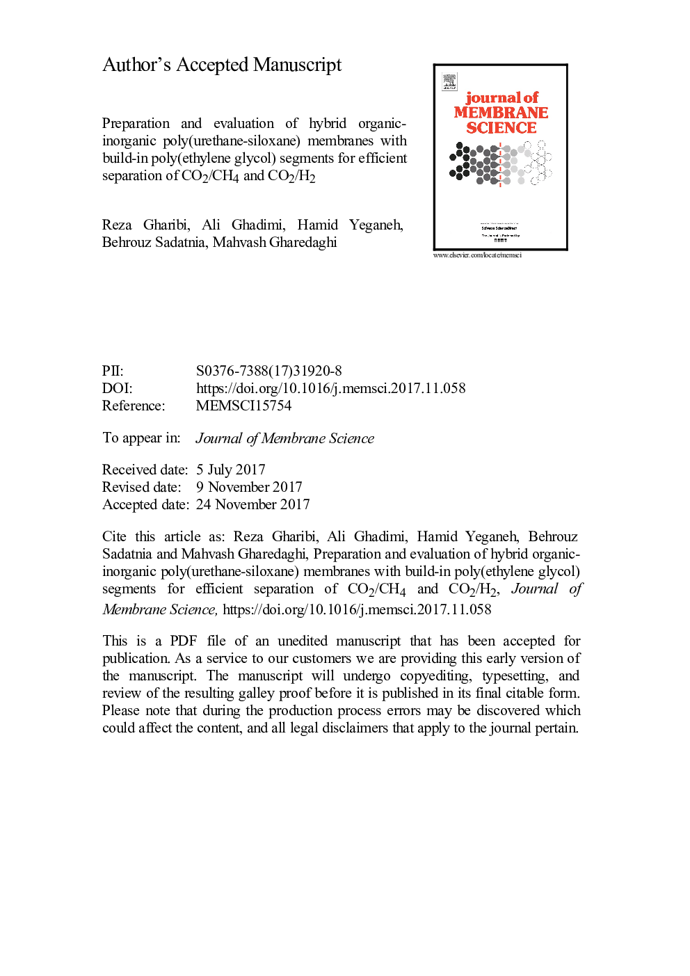 Preparation and evaluation of hybrid organic-inorganic poly(urethane-siloxane) membranes with build-in poly(ethylene glycol) segments for efficient separation of CO2/CH4 and CO2/H2