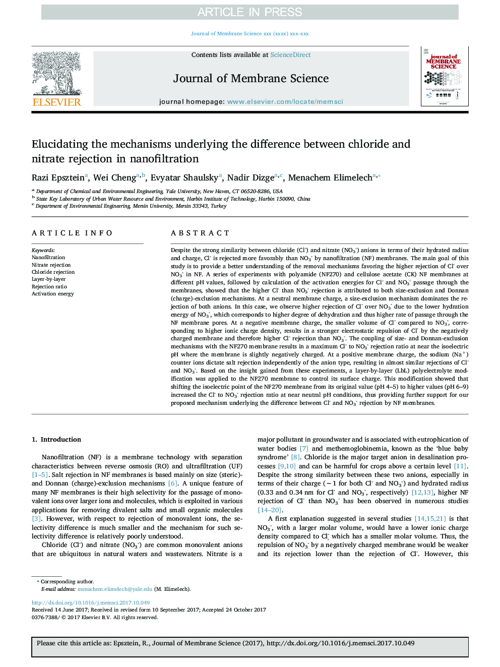 Elucidating the mechanisms underlying the difference between chloride and nitrate rejection in nanofiltration