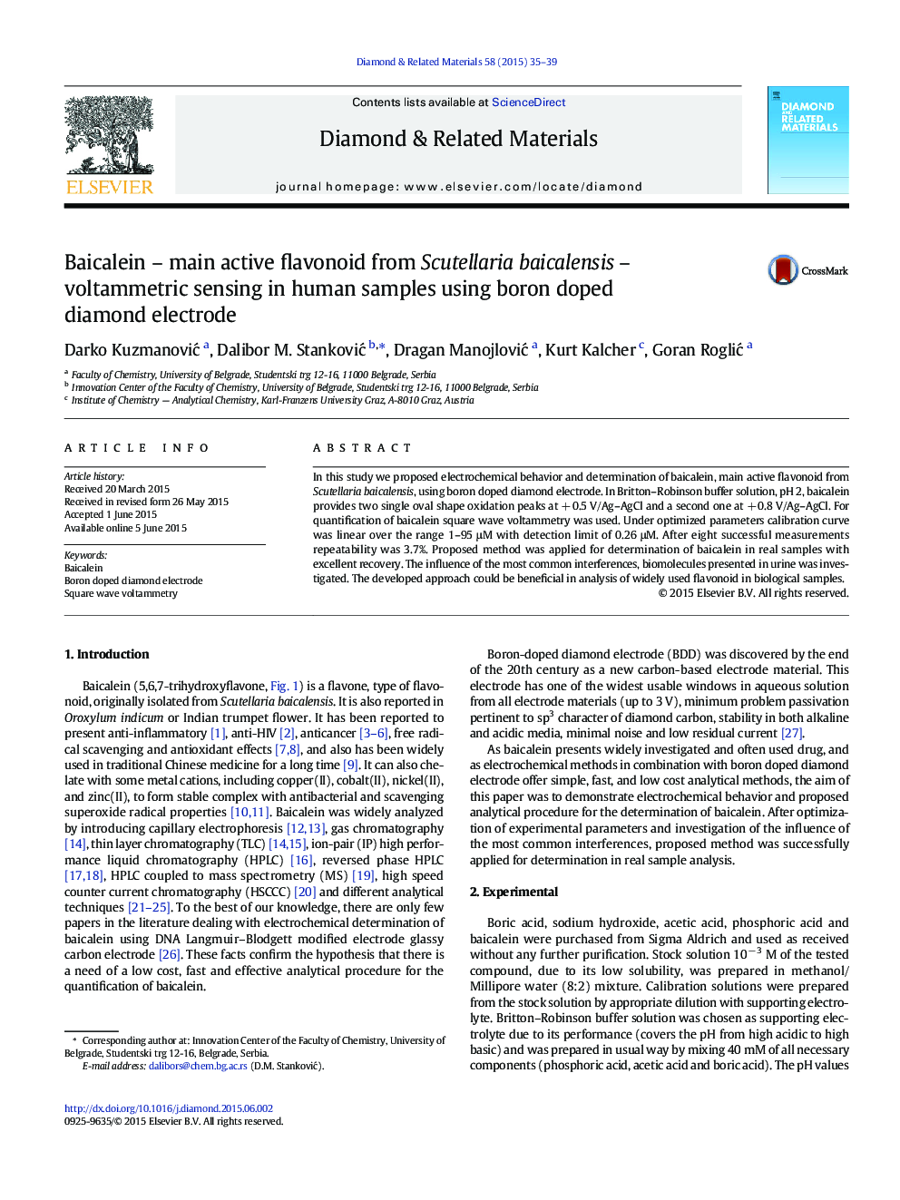 Baicalein – main active flavonoid from Scutellaria baicalensis – voltammetric sensing in human samples using boron doped diamond electrode