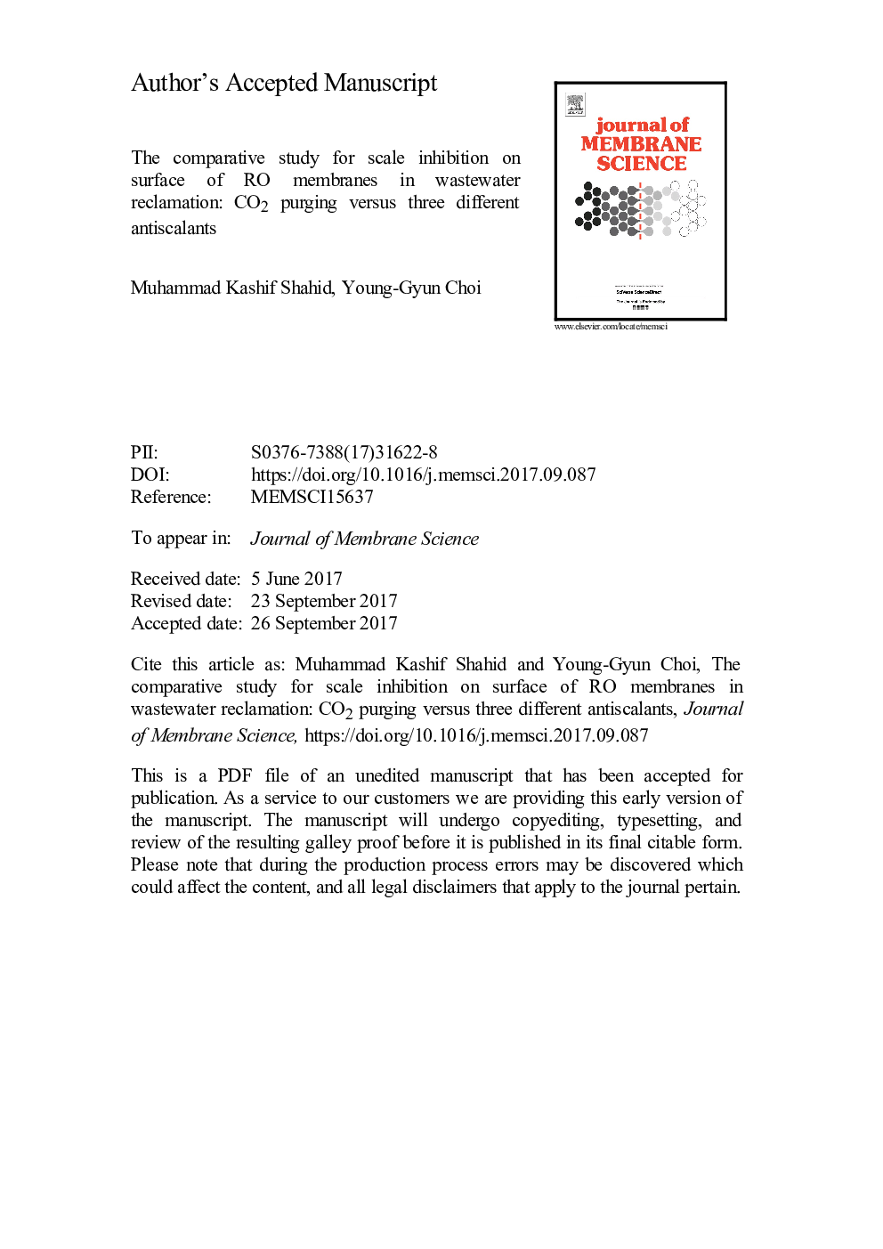 The comparative study for scale inhibition on surface of RO membranes in wastewater reclamation: CO2 purging versus three different antiscalants