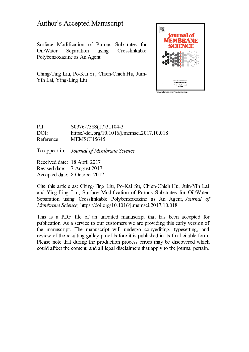 Surface modification of porous substrates for oil/water separation using crosslinkable polybenzoxazine as an agent