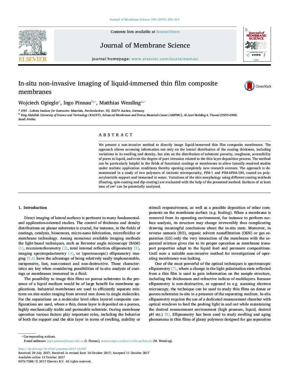 In-situ non-invasive imaging of liquid-immersed thin film composite membranes