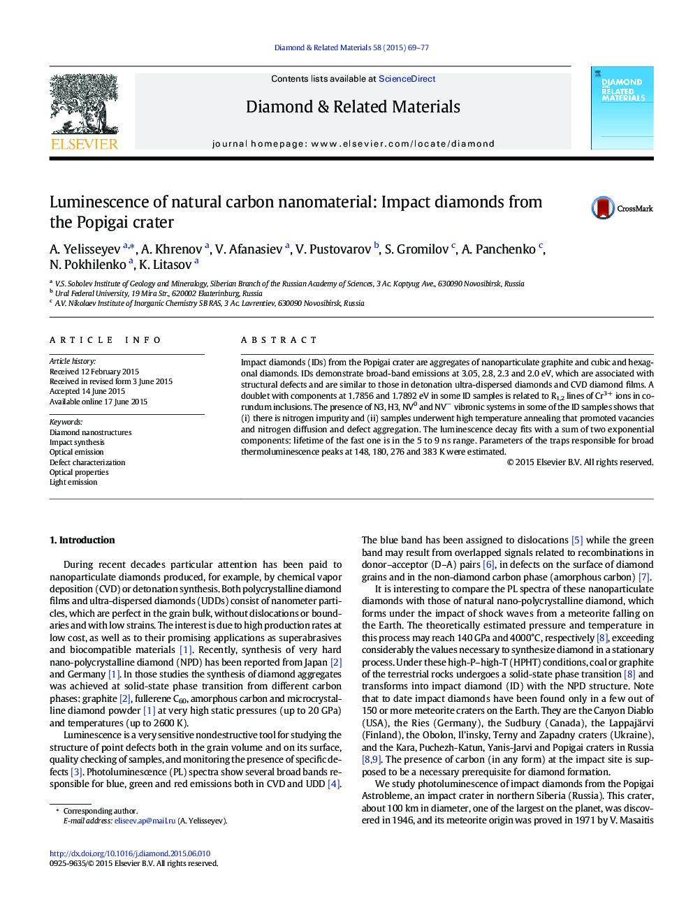 Luminescence of natural carbon nanomaterial: Impact diamonds from the Popigai crater