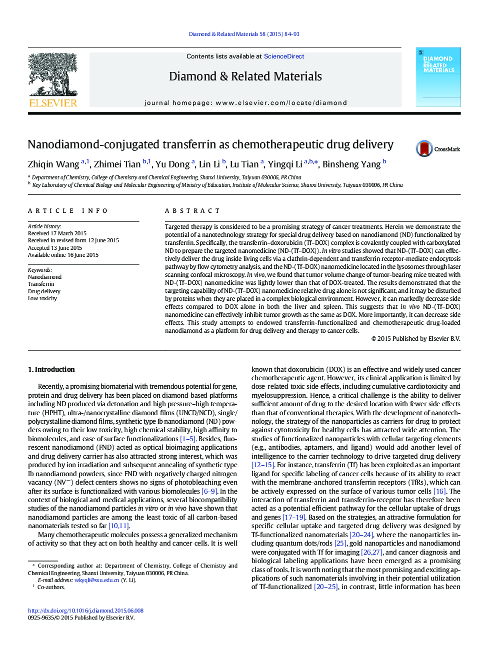 Nanodiamond-conjugated transferrin as chemotherapeutic drug delivery