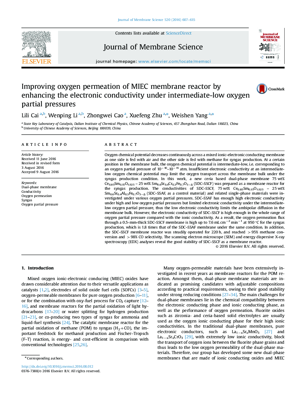 Improving oxygen permeation of MIEC membrane reactor by enhancing the electronic conductivity under intermediate-low oxygen partial pressures