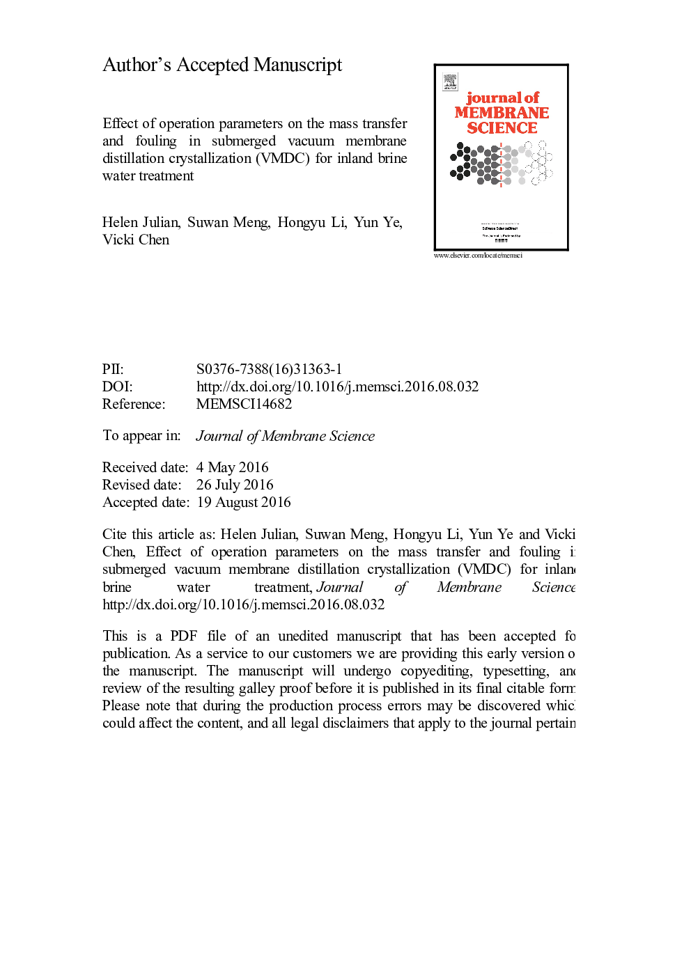 Effect of operation parameters on the mass transfer and fouling in submerged vacuum membrane distillation crystallization (VMDC) for inland brine water treatment