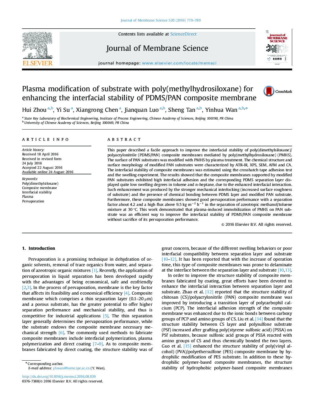 Plasma modification of substrate with poly(methylhydrosiloxane) for enhancing the interfacial stability of PDMS/PAN composite membrane