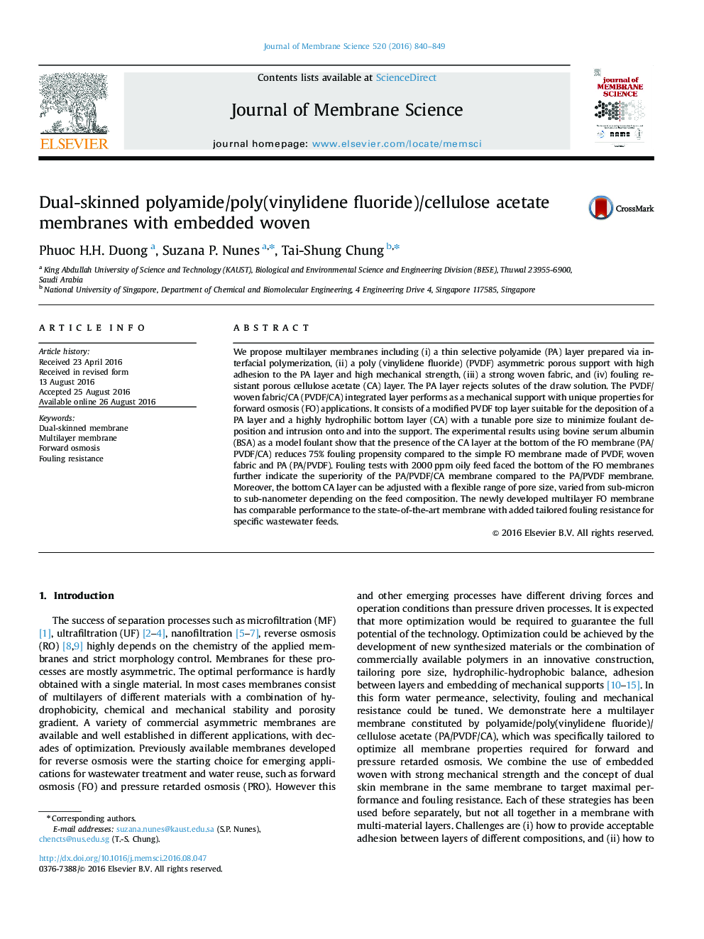 Dual-skinned polyamide/poly(vinylidene fluoride)/cellulose acetate membranes with embedded woven