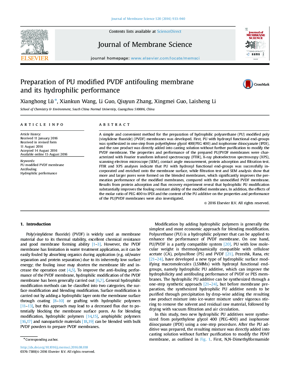 Preparation of PU modified PVDF antifouling membrane and its hydrophilic performance