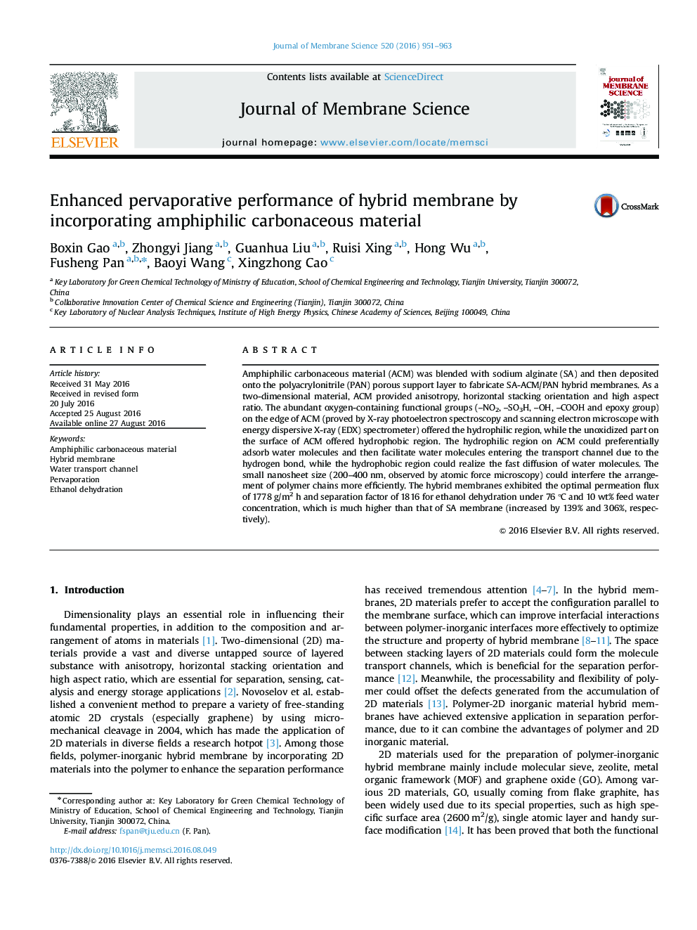 Enhanced pervaporative performance of hybrid membrane by incorporating amphiphilic carbonaceous material