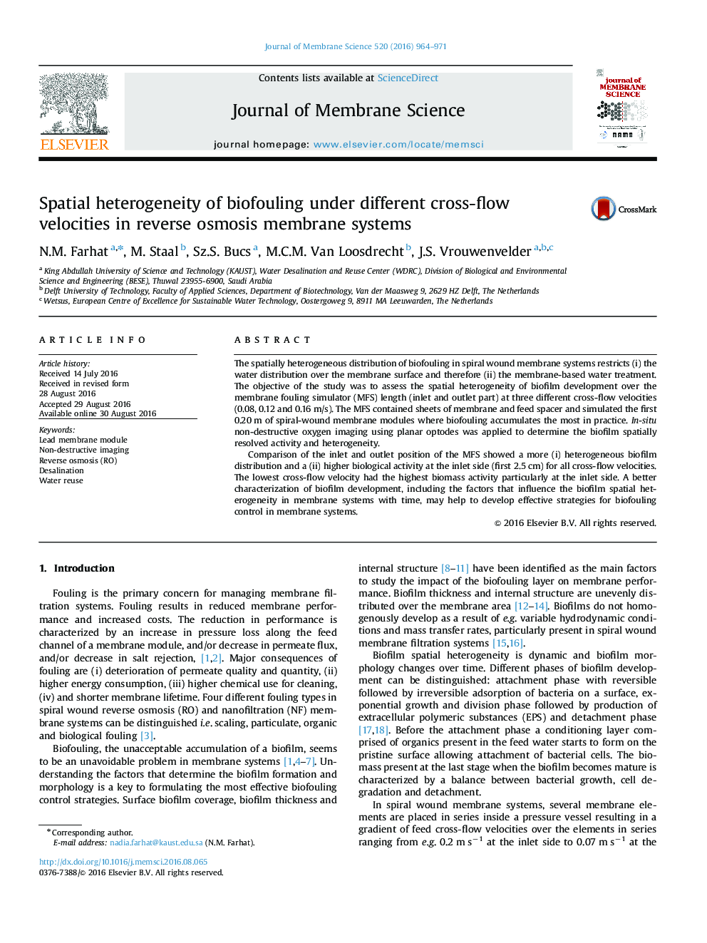 Spatial heterogeneity of biofouling under different cross-flow velocities in reverse osmosis membrane systems