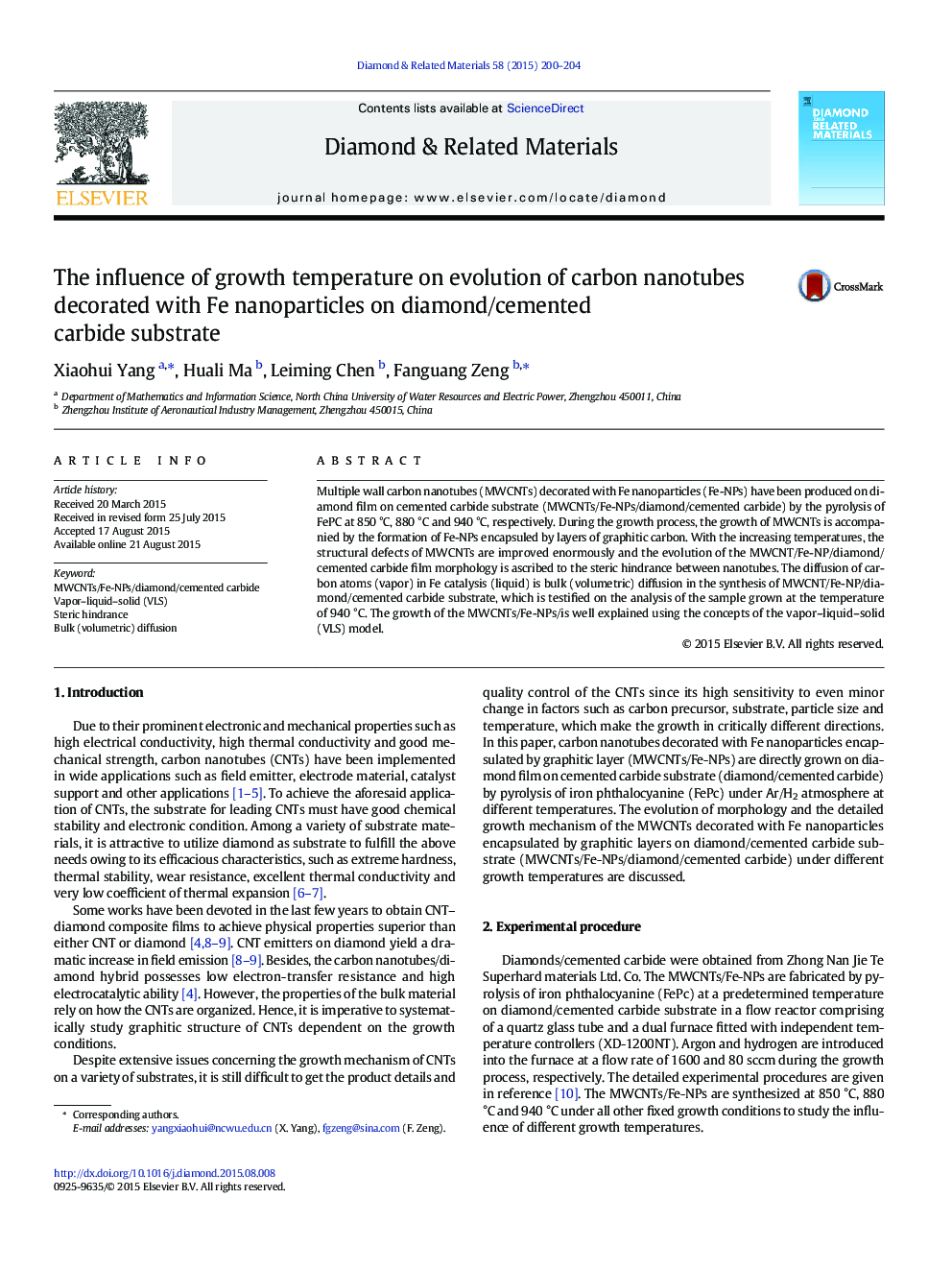 The influence of growth temperature on evolution of carbon nanotubes decorated with Fe nanoparticles on diamond/cemented carbide substrate