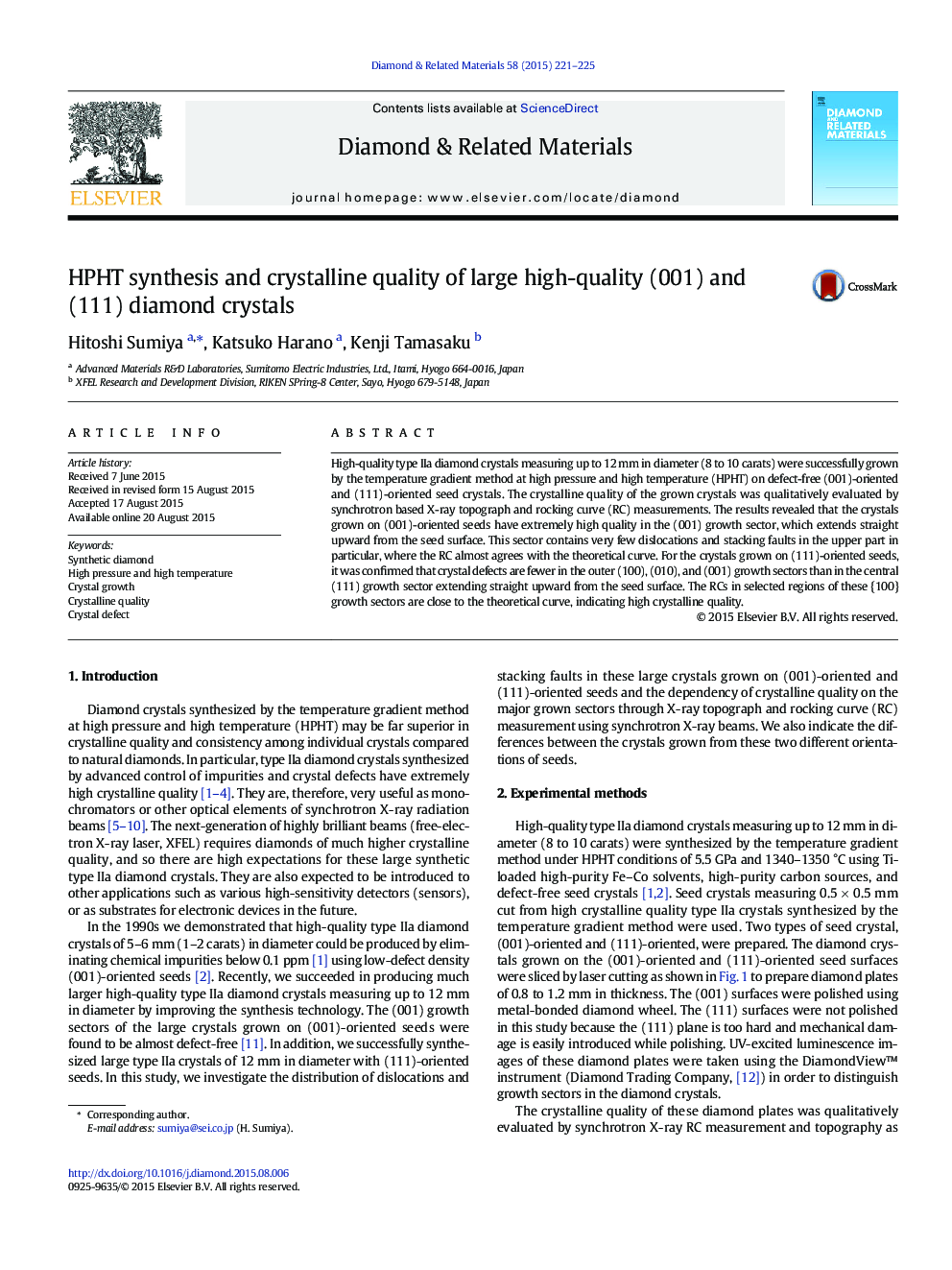 HPHT synthesis and crystalline quality of large high-quality (001) and (111) diamond crystals