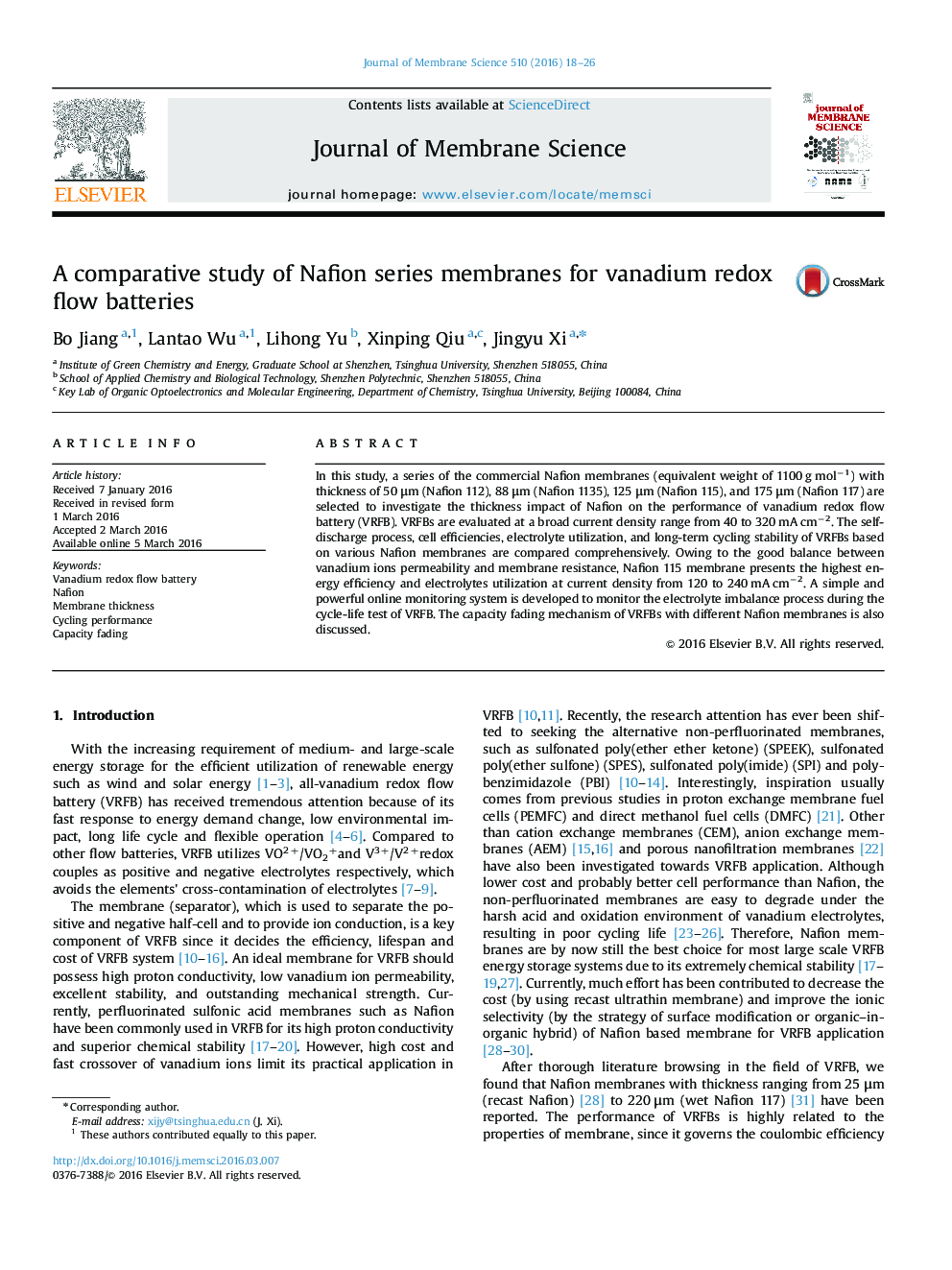 A comparative study of Nafion series membranes for vanadium redox flow batteries