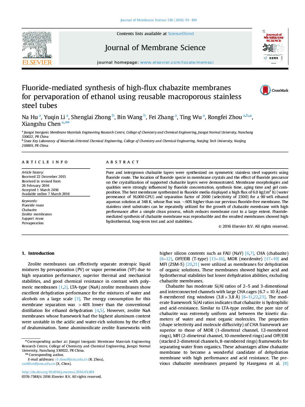 Fluoride-mediated synthesis of high-flux chabazite membranes for pervaporation of ethanol using reusable macroporous stainless steel tubes