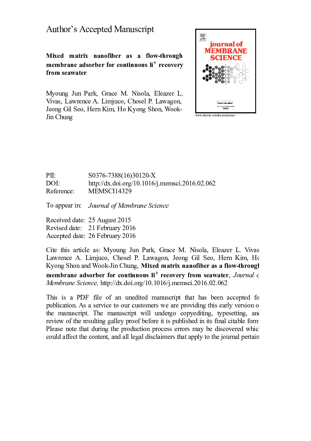 Mixed matrix nanofiber as a flow-through membrane adsorber for continuous Li+ recovery from seawater