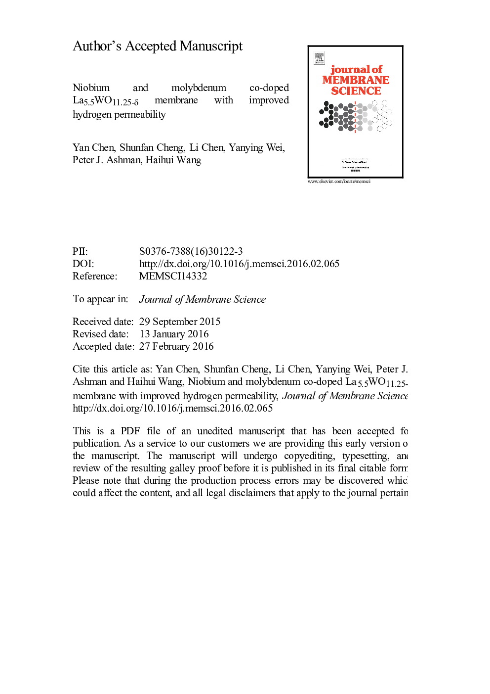 Niobium and molybdenum co-doped La5.5WO11.25âÎ´ membrane with improved hydrogen permeability