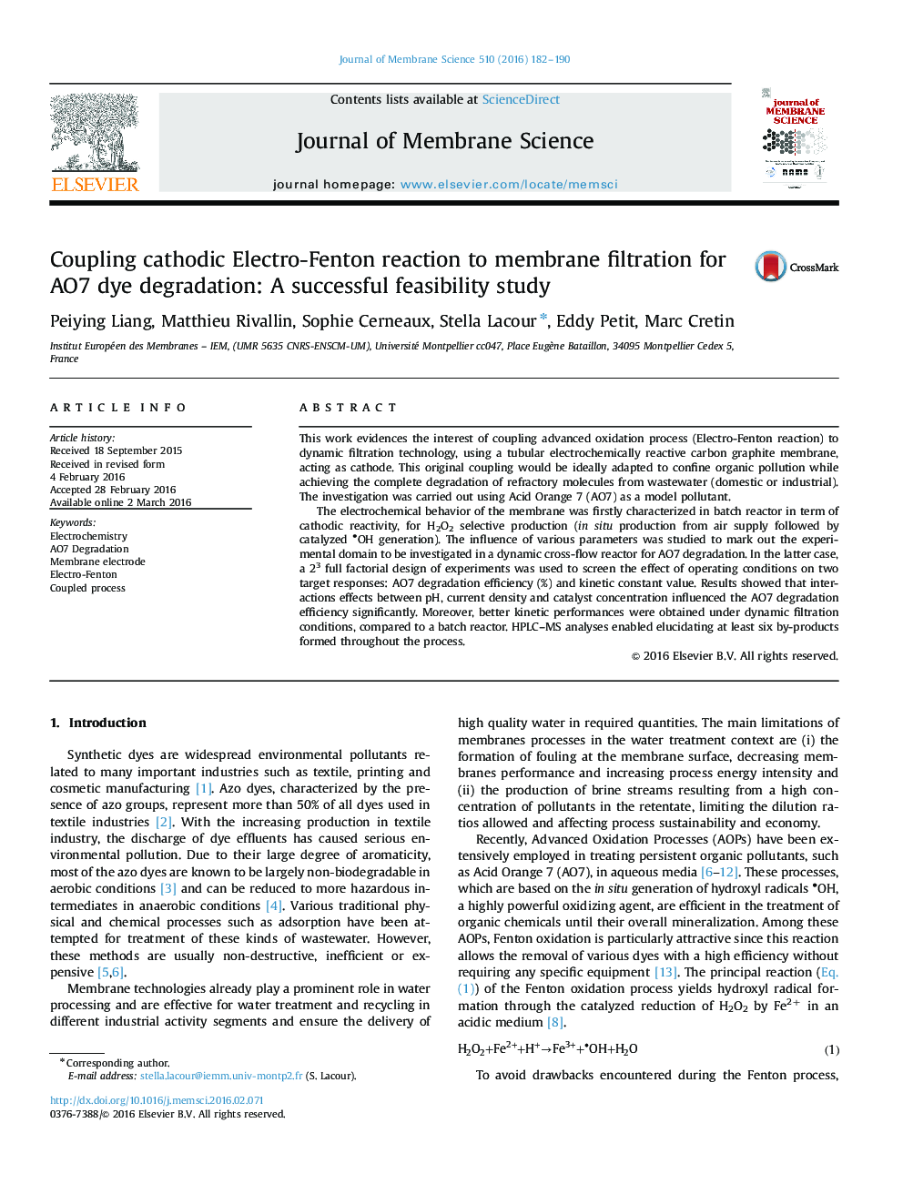 Coupling cathodic Electro-Fenton reaction to membrane filtration for AO7 dye degradation: A successful feasibility study