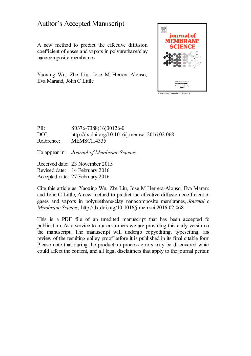 A new method to predict the effective diffusion coefficient of gases and vapors in polyurethane/clay nanocomposite membranes