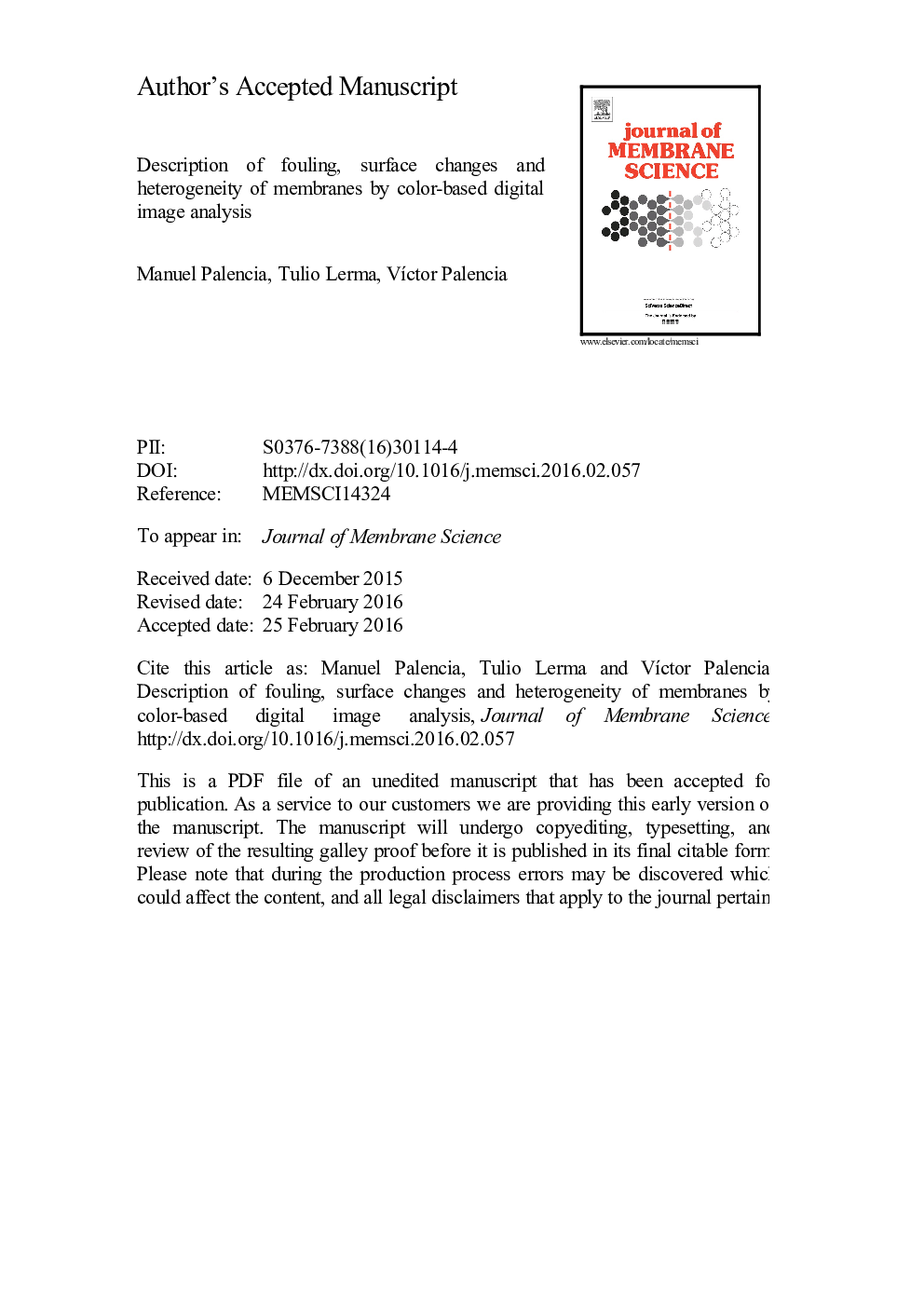 Description of fouling, surface changes and heterogeneity of membranes by color-based digital image analysis