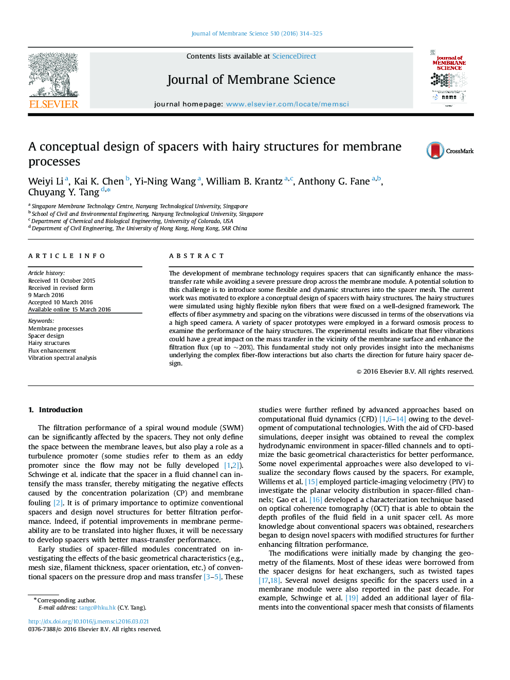 A conceptual design of spacers with hairy structures for membrane processes