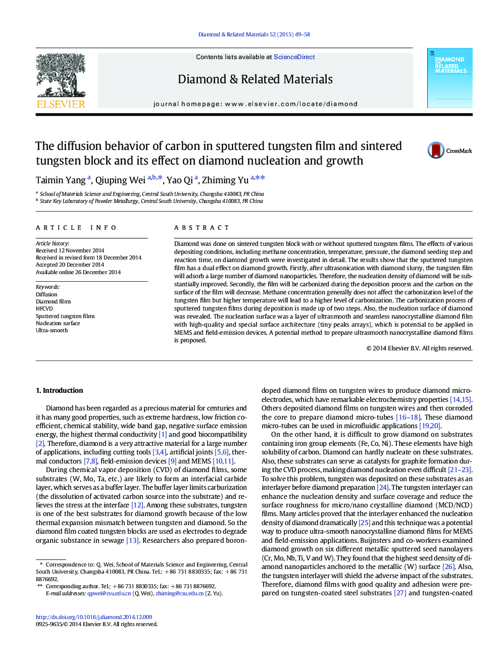 The diffusion behavior of carbon in sputtered tungsten film and sintered tungsten block and its effect on diamond nucleation and growth