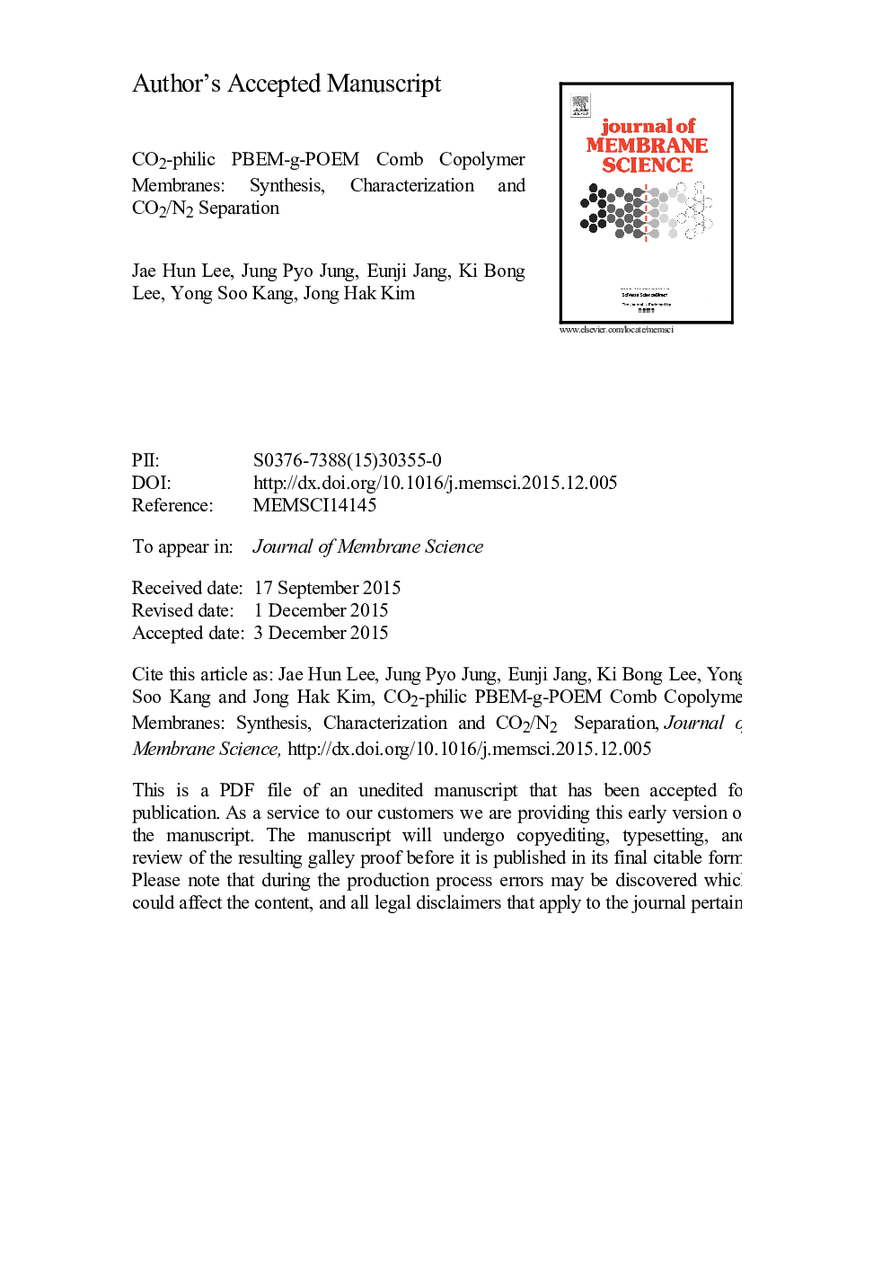 CO2-philic PBEM-g-POEM comb copolymer membranes: Synthesis, characterization and CO2/N2 separation