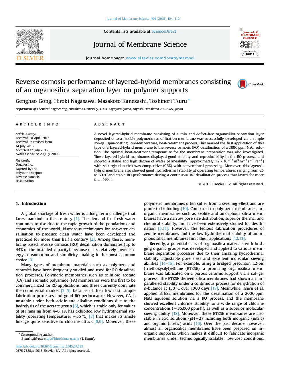 Reverse osmosis performance of layered-hybrid membranes consisting of an organosilica separation layer on polymer supports