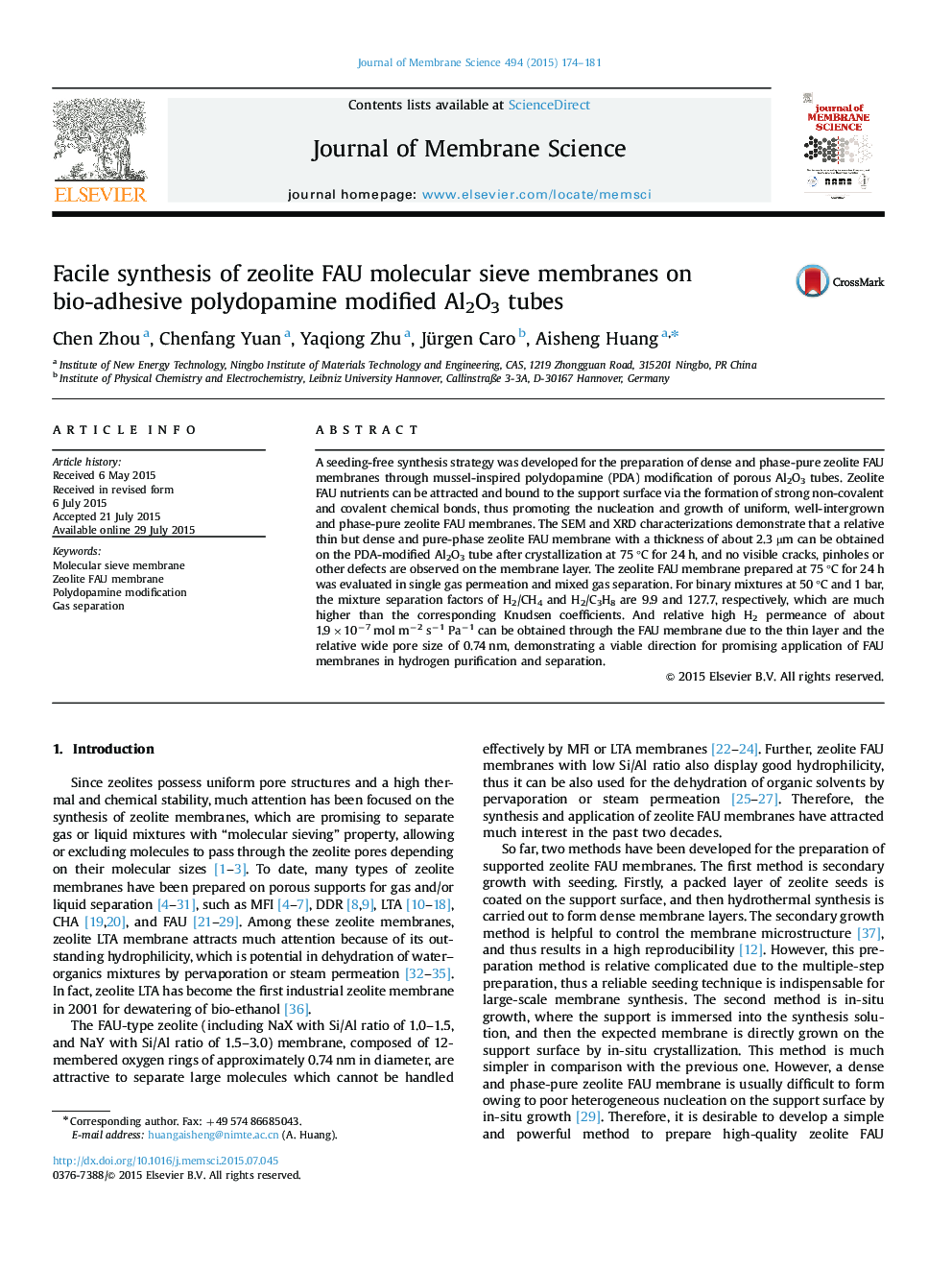 Facile synthesis of zeolite FAU molecular sieve membranes on bio-adhesive polydopamine modified Al2O3 tubes