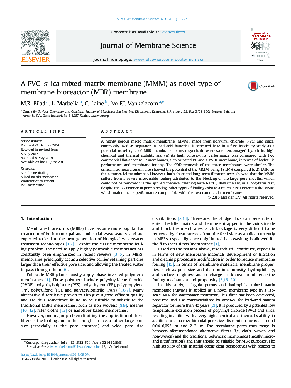 A PVC-silica mixed-matrix membrane (MMM) as novel type of membrane bioreactor (MBR) membrane