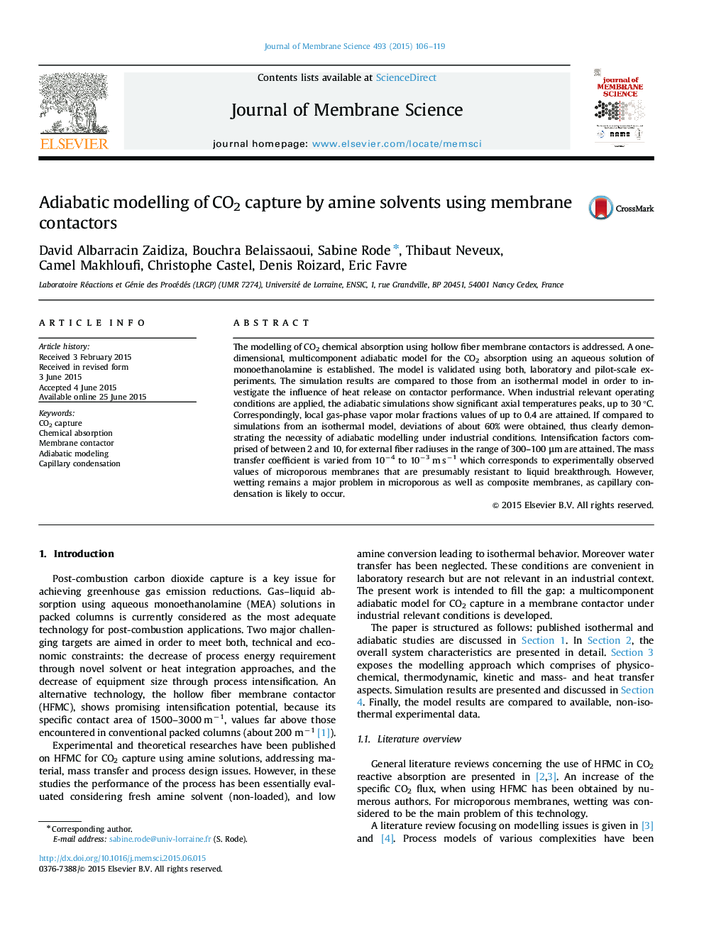 Adiabatic modelling of CO2 capture by amine solvents using membrane contactors