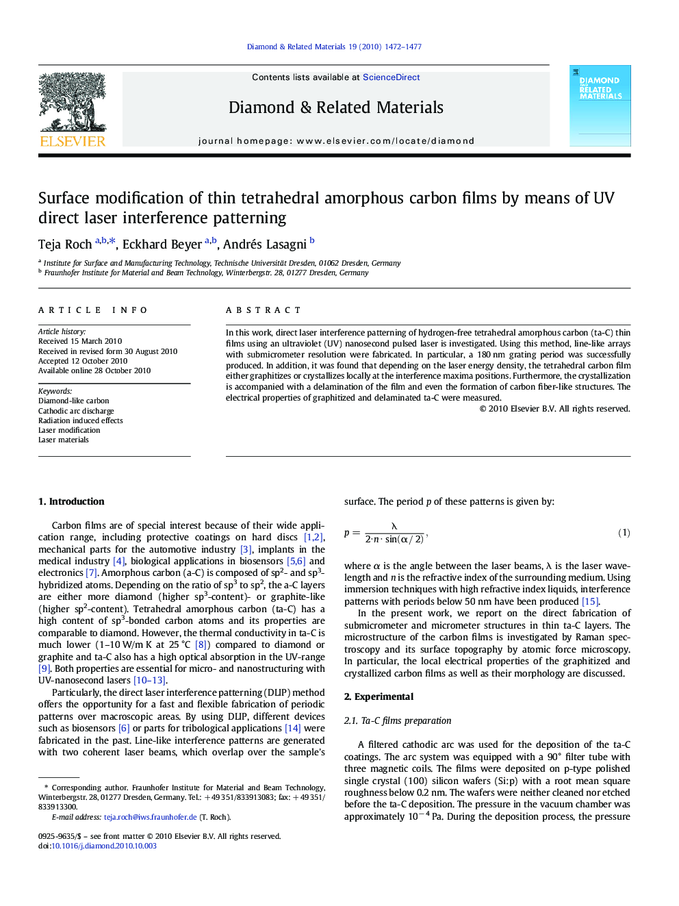 Surface modification of thin tetrahedral amorphous carbon films by means of UV direct laser interference patterning