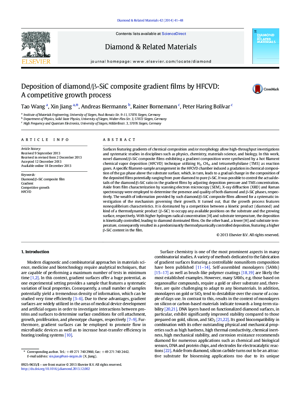 Deposition of diamond/β-SiC composite gradient films by HFCVD: A competitive growth process