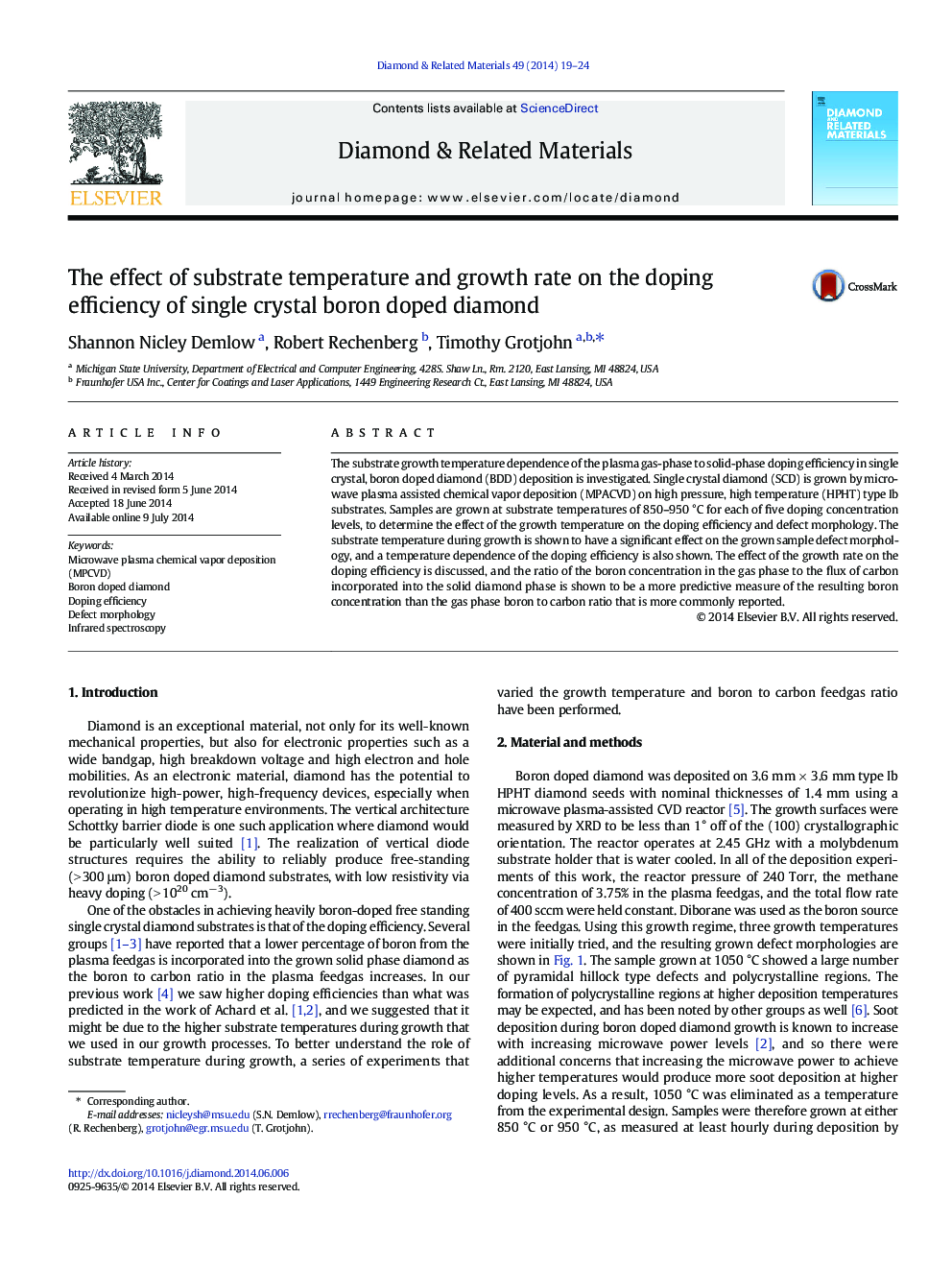 The effect of substrate temperature and growth rate on the doping efficiency of single crystal boron doped diamond