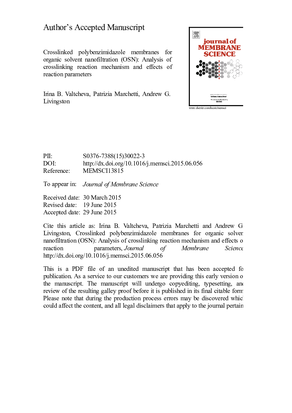 Crosslinked polybenzimidazole membranes for organic solvent nanofiltration (OSN): Analysis of crosslinking reaction mechanism and effects of reaction parameters