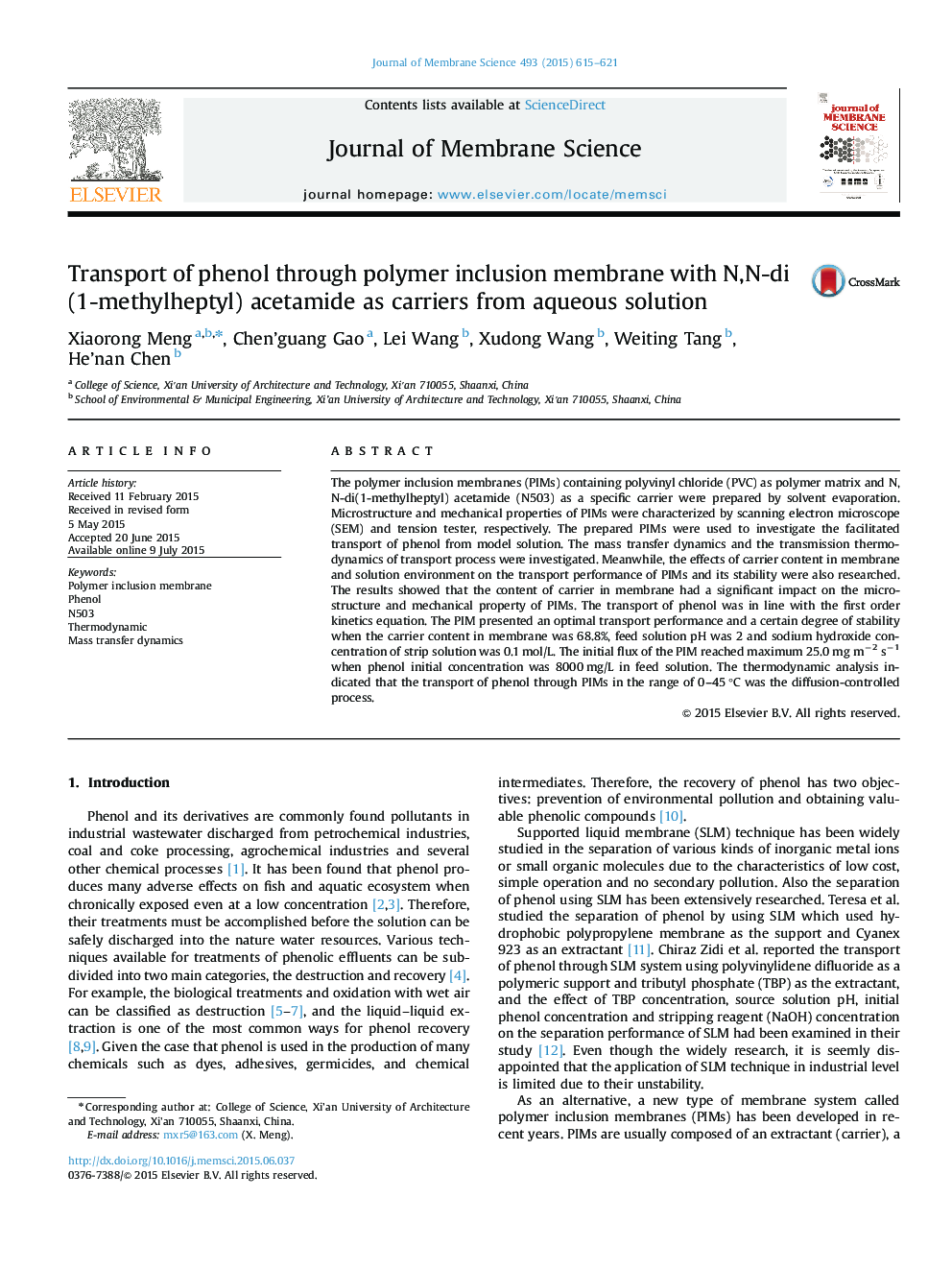 Transport of phenol through polymer inclusion membrane with N,N-di(1-methylheptyl) acetamide as carriers from aqueous solution