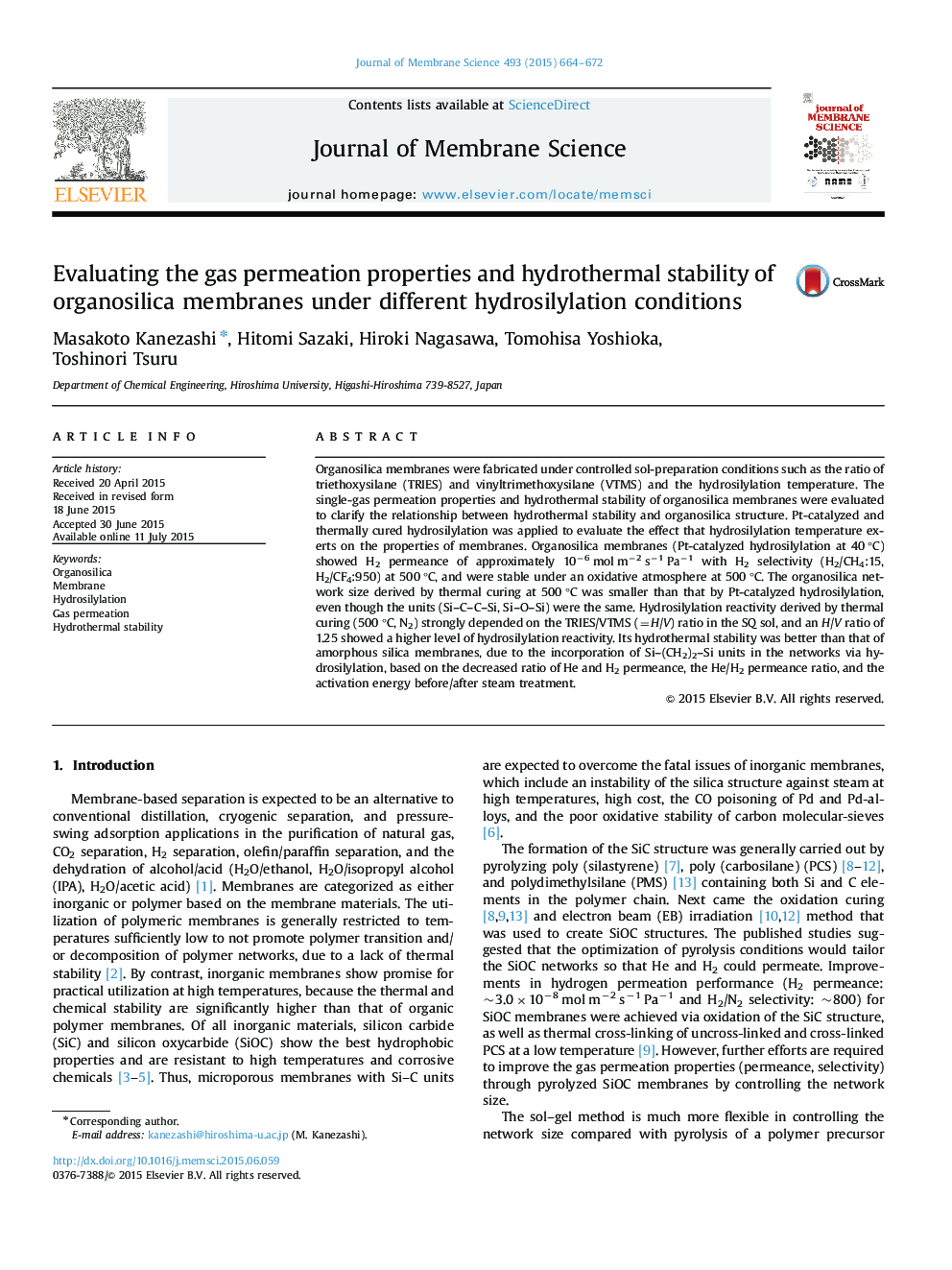 ارزیابی خواص نفوذ گاز و پایداری هیدروترمال از غشاهای ارگانوسیلیکا تحت شرایط مختلف هیدروسیلیلاسیون 