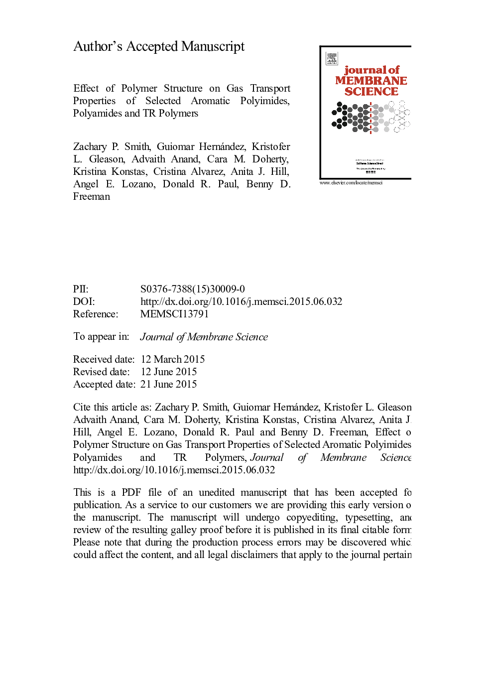 Effect of polymer structure on gas transport properties of selected aromatic polyimides, polyamides and TR polymers