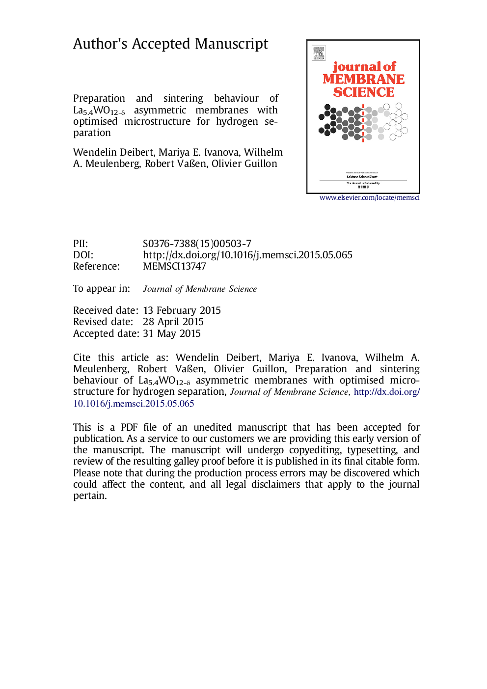 Preparation and sintering behaviour of La5.4WO12âÎ´ asymmetric membranes with optimised microstructure for hydrogen separation