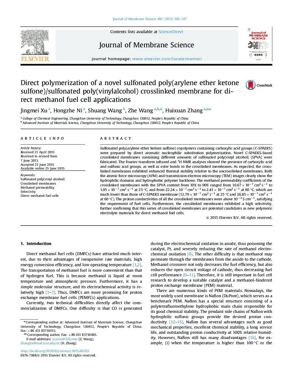 Direct polymerization of a novel sulfonated poly(arylene ether ketone sulfone)/sulfonated poly(vinylalcohol) crosslinked membrane for direct methanol fuel cell applications