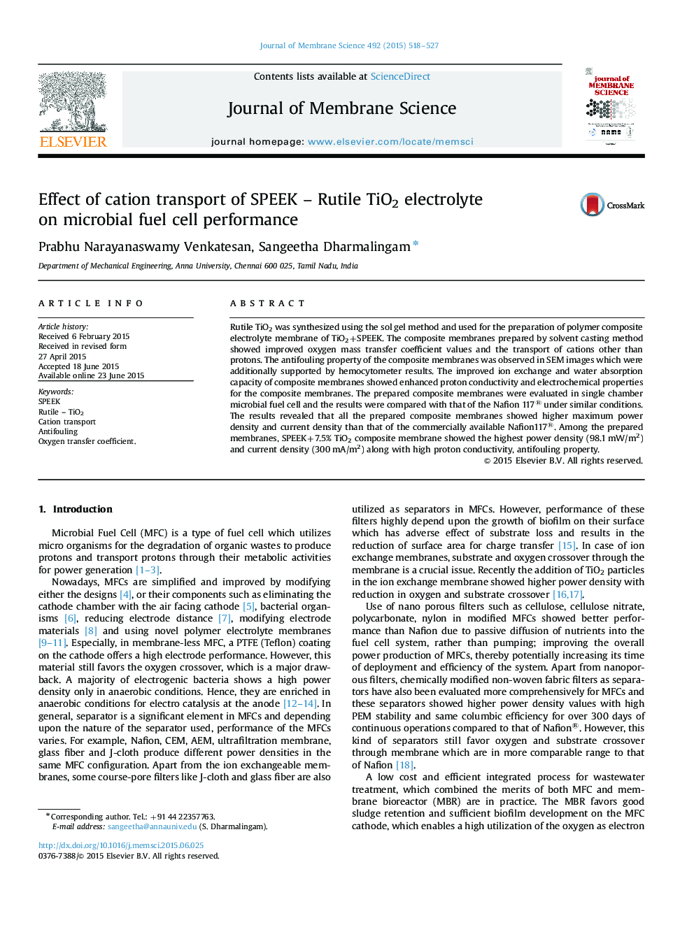 Effect of cation transport of SPEEK - Rutile TiO2 electrolyte on microbial fuel cell performance