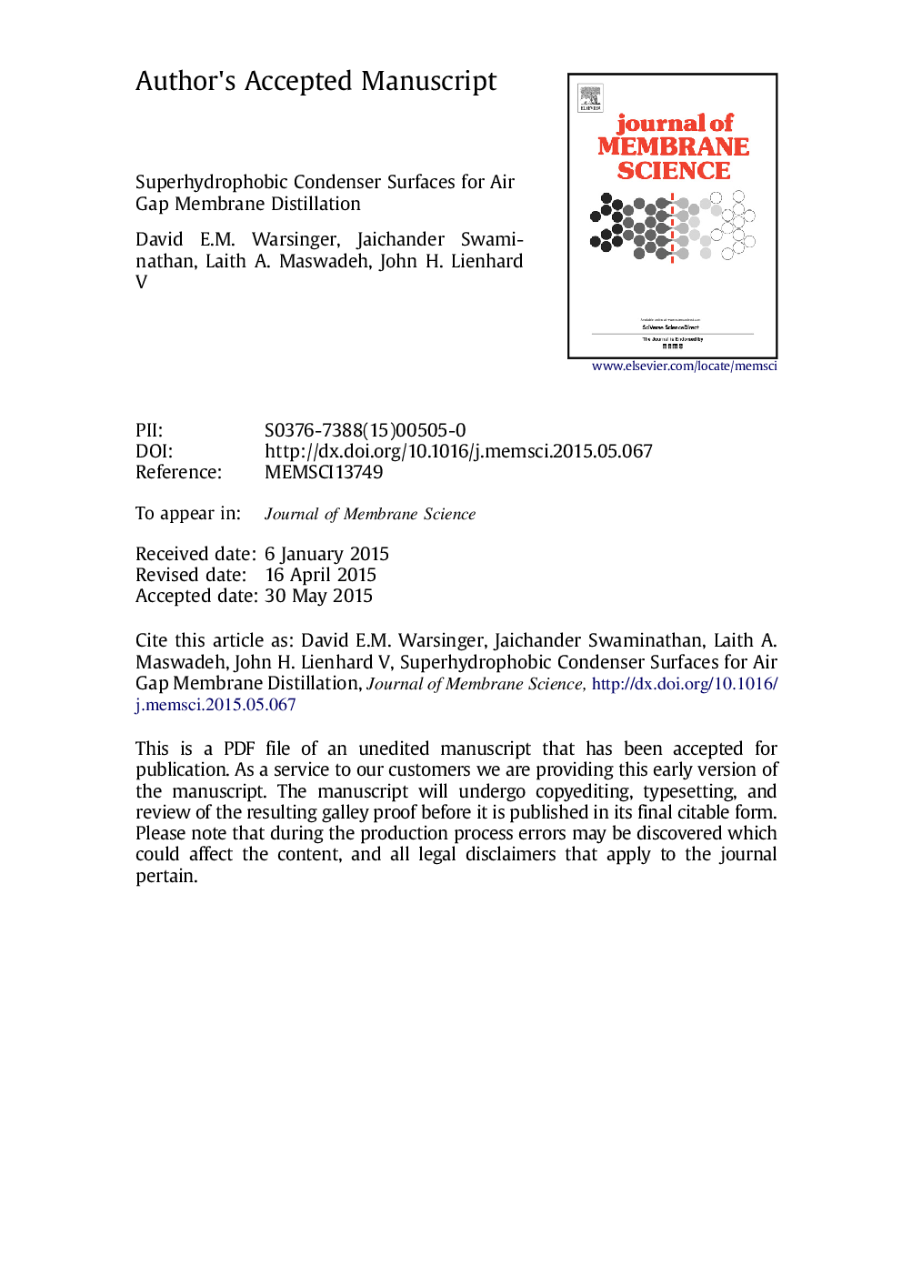 Superhydrophobic condenser surfaces for air gap membrane distillation