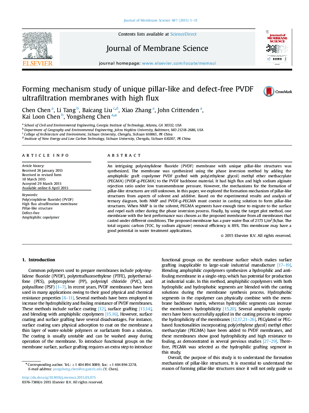 Forming mechanism study of unique pillar-like and defect-free PVDF ultrafiltration membranes with high flux