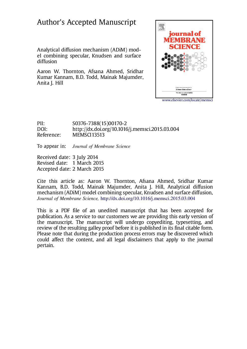 Analytical Diffusion Mechanism (ADiM) model combining specular, Knudsen and surface diffusion