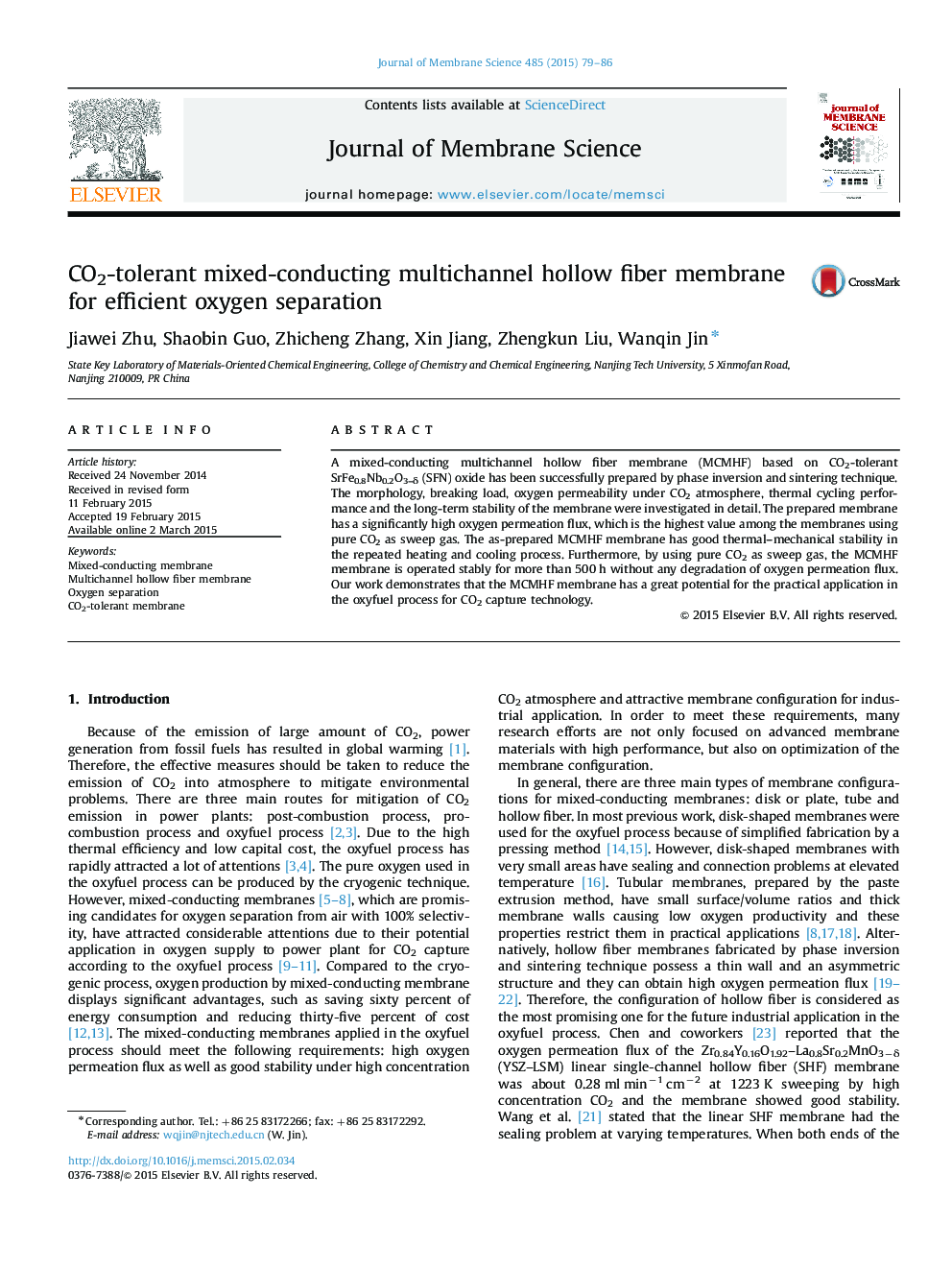 CO2-tolerant mixed-conducting multichannel hollow fiber membrane for efficient oxygen separation