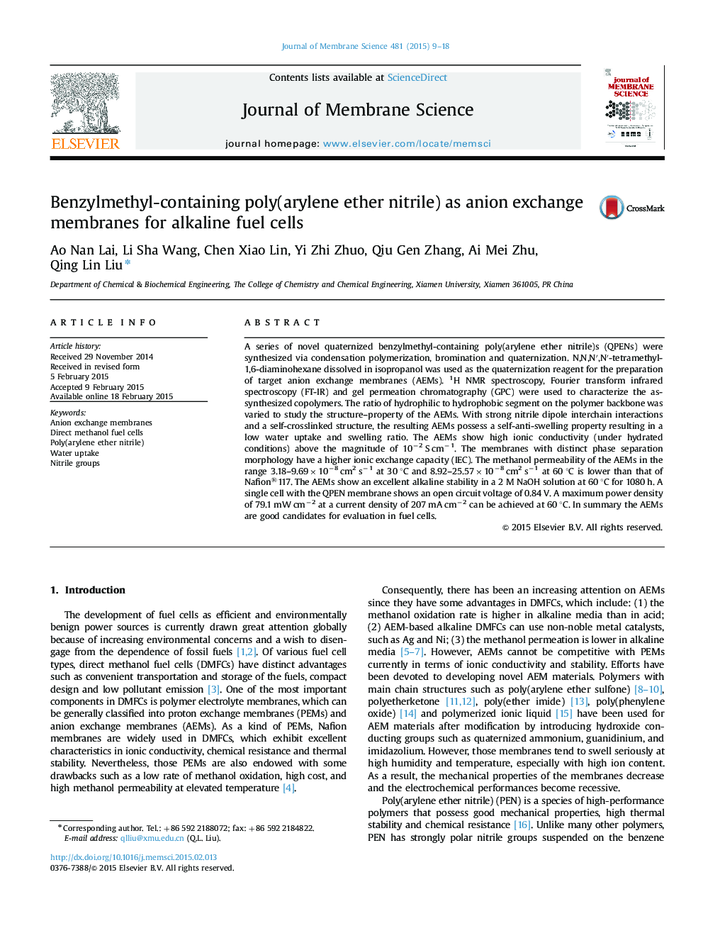 Benzylmethyl-containing poly(arylene ether nitrile) as anion exchange membranes for alkaline fuel cells