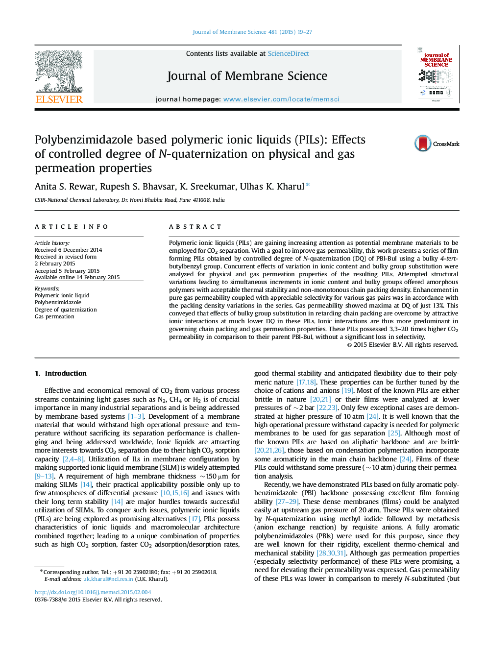 Polybenzimidazole based polymeric ionic liquids (PILs): Effects of controlled degree of N-quaternization on physical and gas permeation properties