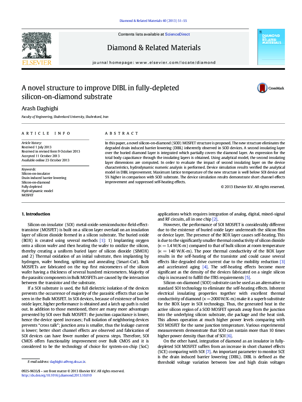 A novel structure to improve DIBL in fully-depleted silicon-on-diamond substrate