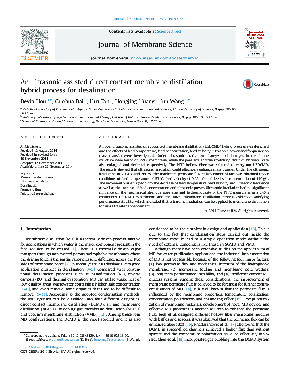 An ultrasonic assisted direct contact membrane distillation hybrid process for desalination